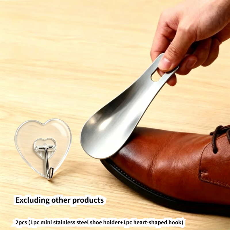 TEMU 2pcs Set: 1pc Mini Stainless Steel Shoe Horn + 1pc Heart-shaped Hook. Sturdy Travel Shoe Horn For Men And Women, Durable And Easy-to-use