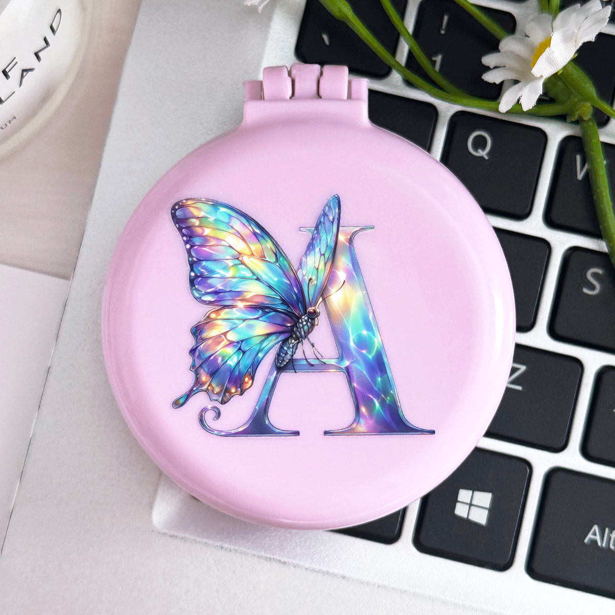 TEMU 1pc Purple 26 Pattern Letter Makeup Mirror Portable Foldable Mini Round Air Cushion Comb Ladies Hair Comb Mirror Airbag Comb Massage Comb Comb