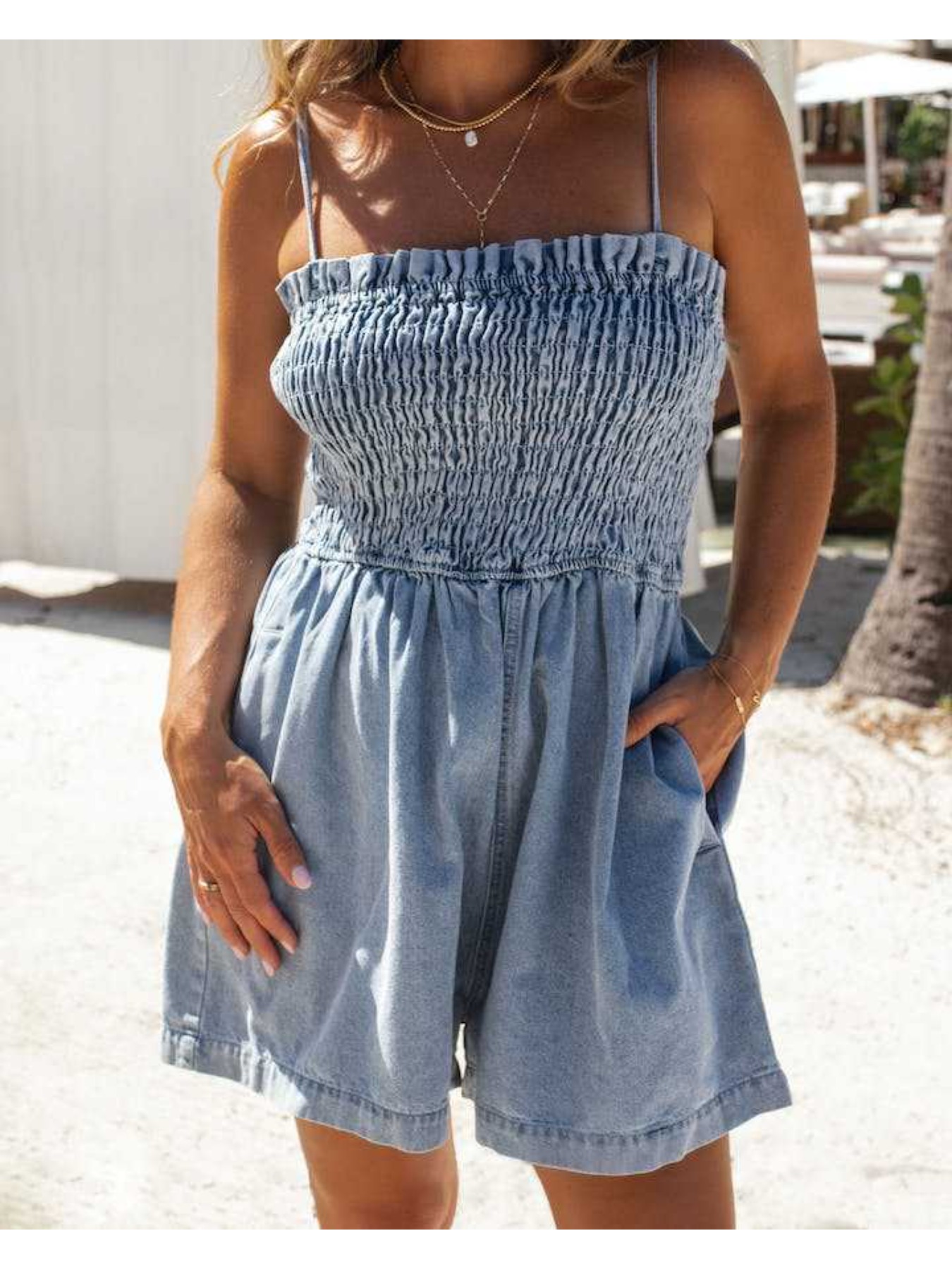 Off-Shoulder Denim Romper Front