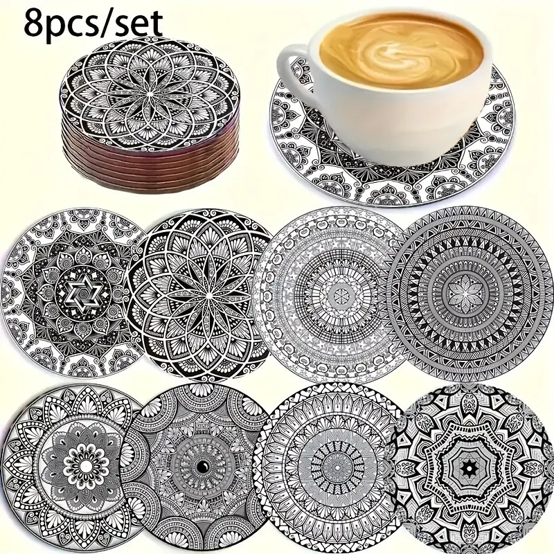 Image of 8pcs Set Of Easy Gray-white Pattern Wooden Coasters/heat Insulation, Decorative Drink Mats, Suitable For Coffee And Tea Cups - For Home, Cafe, And Party Decor