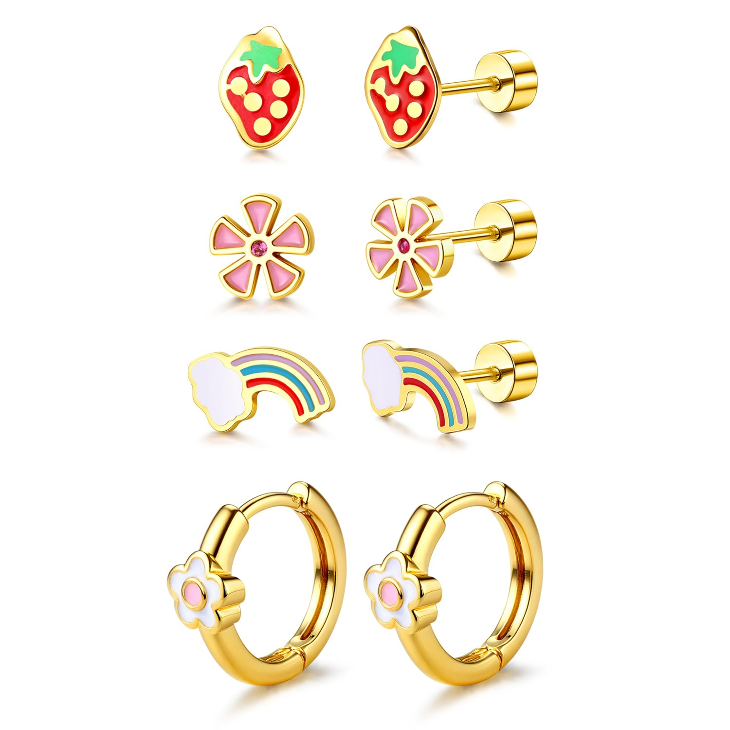Image of 2d Flat - 4 Pairs Hypoallergenic Earrings 316l Surgical Stainless Steel Cute Flower Heart Strawberry Rainbow Flat Back Earrings Small Daisy Huggie Hoop Earrings Set For Sensitive Ears