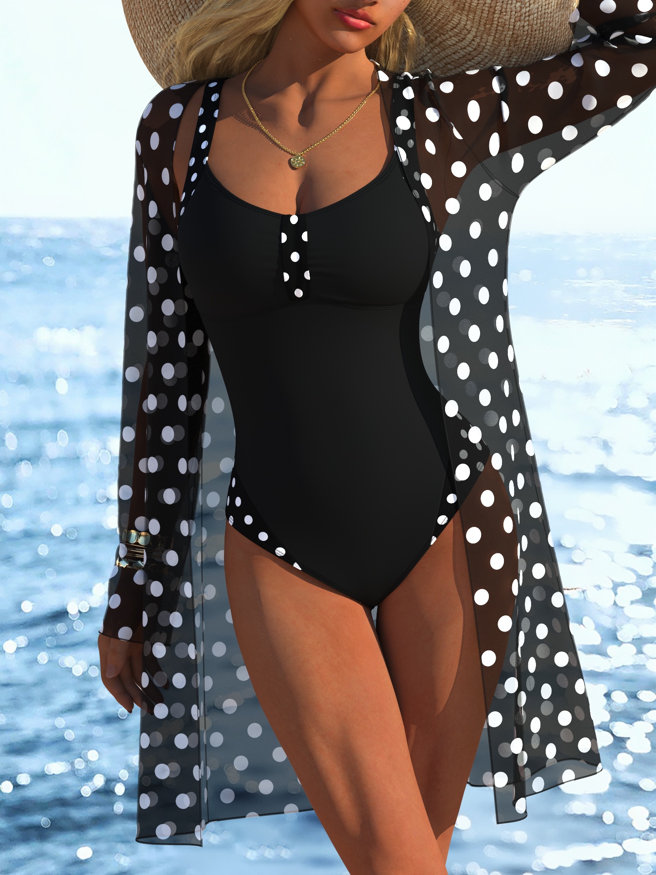 Women's Thick Shoulder Strap Polka Dot Printed One-Piece Swimsuit