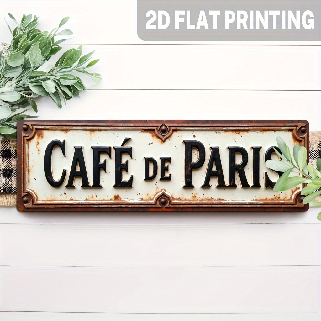 TEMU 2d Flat, 1pc Vintage Paris CafÃ© Wall Plaque - French Sign With Distressed Font & Grid Border, Wood For Rustic Kitchen, Decor - CafÃ© Signage