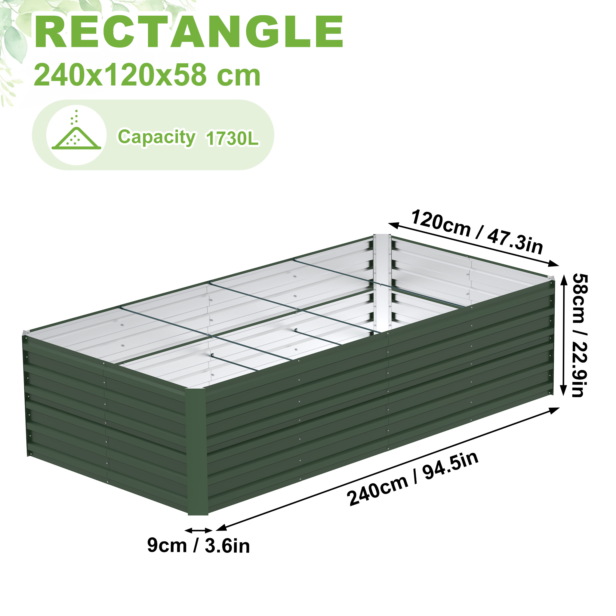 Galvanized Raised Bed For Outdoor Use, 240x120x58cm Rectangular, 1730l Planter Box, Bed, Vegetable Bed, Or Plant Bed For Gardens And Patios, For Growing Vegetables, Flowers, Green/black/silvery
