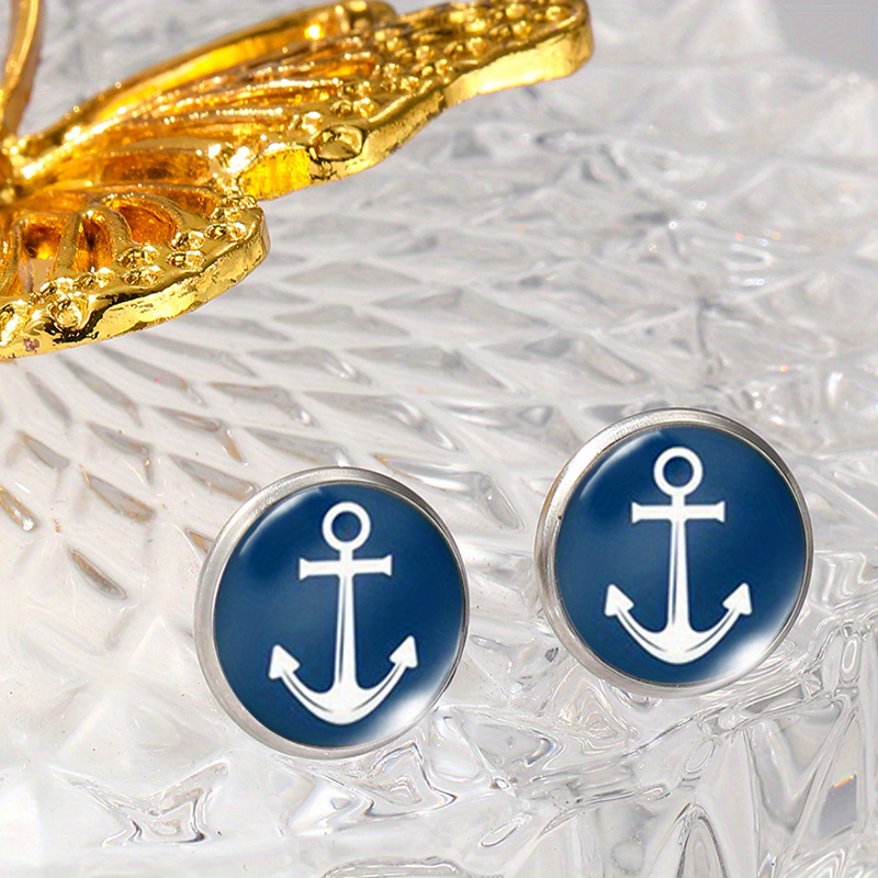 Fashion Navigation Ship Anchor Illustration Glass Earrings Men's Jewelry Gift, Without Battery