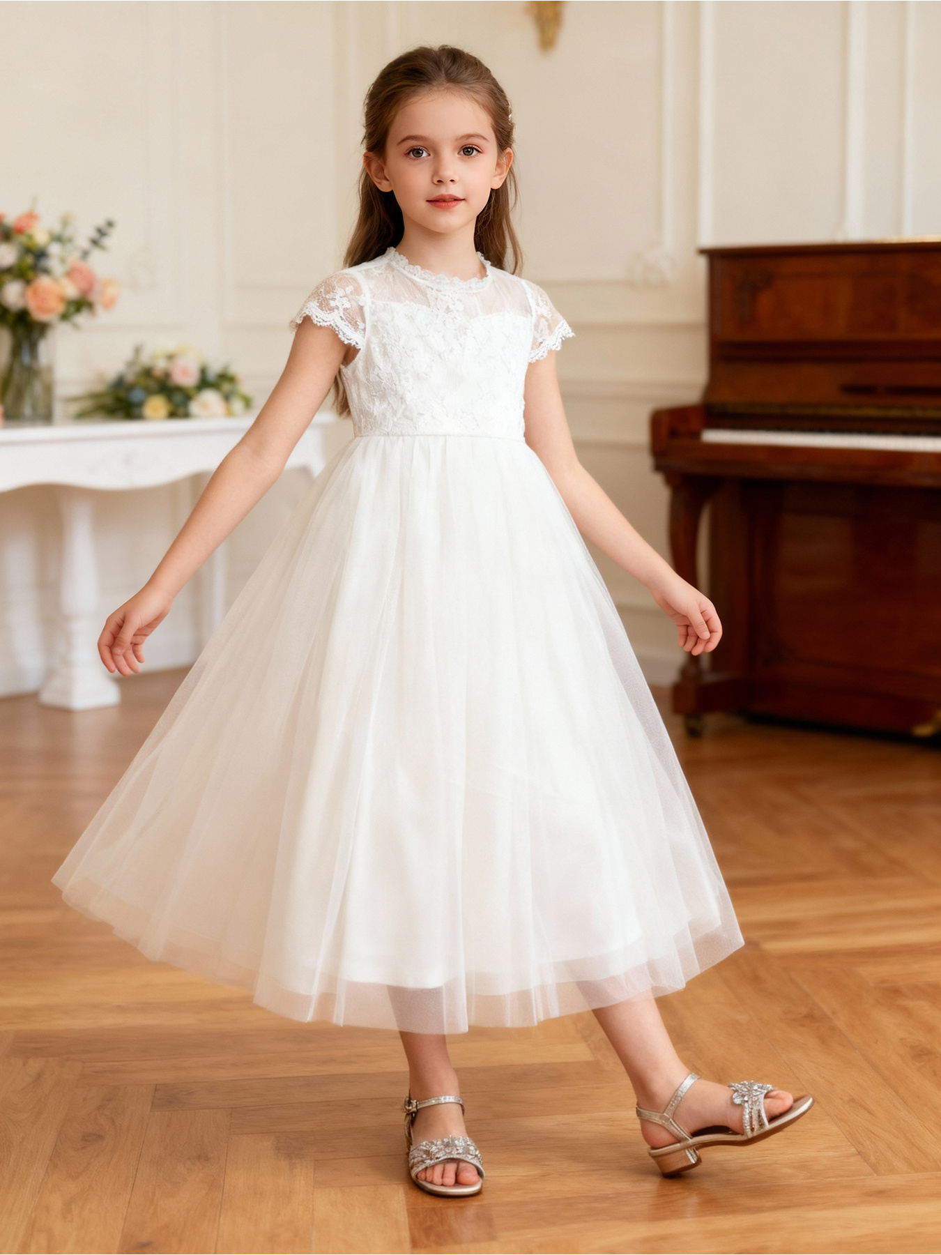 knee length dresses for ladies Olivia First Communion Dress – Linen Plumeti with Lace 10 / Off-White / Linen