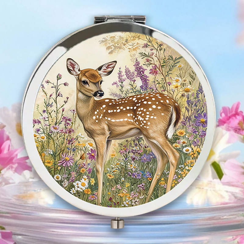 TEMU A Single 2d Flat Portable Folding Makeup Mirror Showcasing An Elegant Deer In A Field Filled With Wildflowers, Perfect For Improving Your Beauty