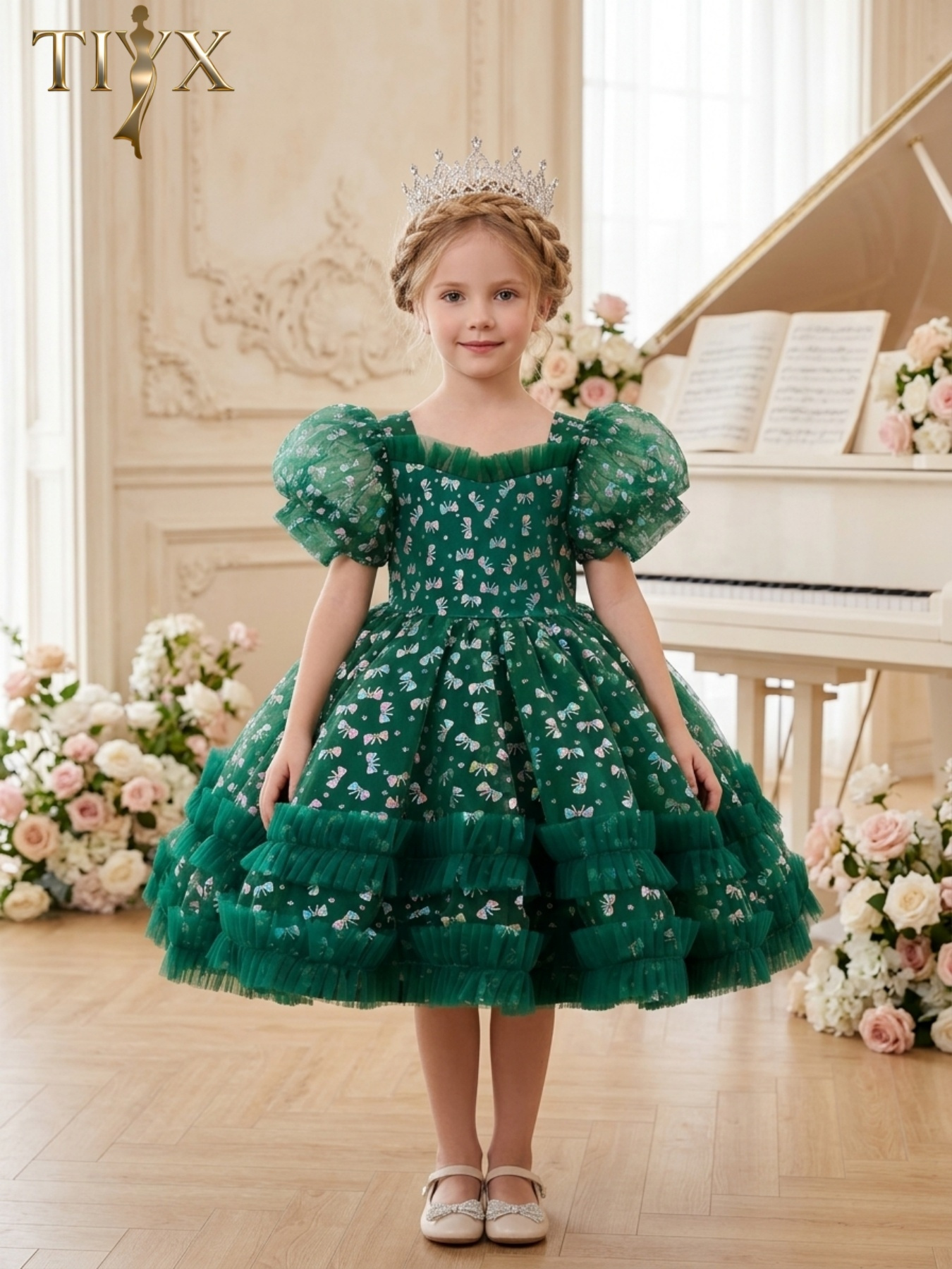 emerald green dress girls BABARONI Chiffon Junior Bridesmaid Dresses Asymmetrical Cascading Skirt Dark Green, Dark Green / J4