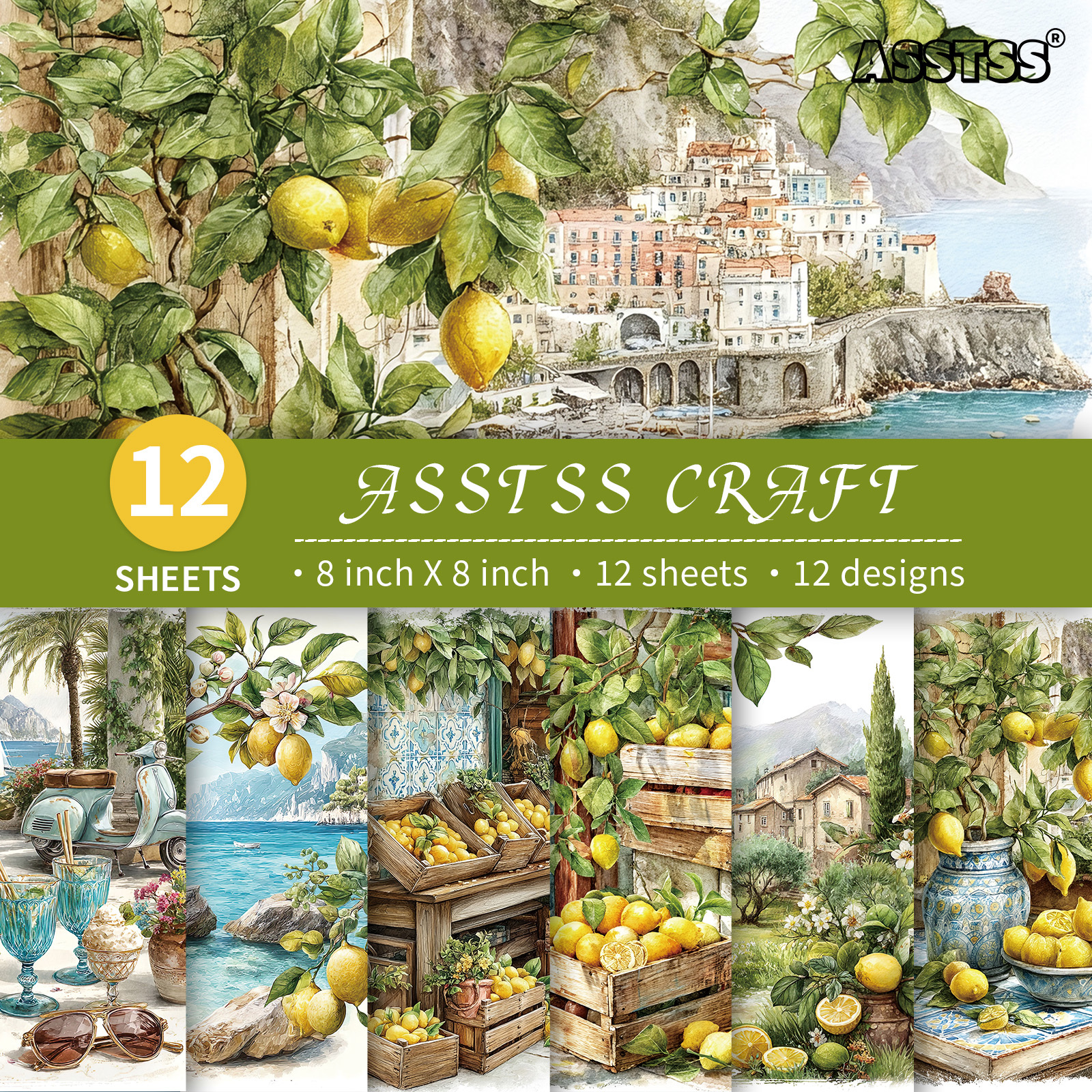 TEMU Bloc de papier scrapbooking ASSTSS de 12 feuilles 8*8 pouces, avec motif aquarelle Lemon Watercolor Amalfi Seastyle, parfait pour divers loisirs