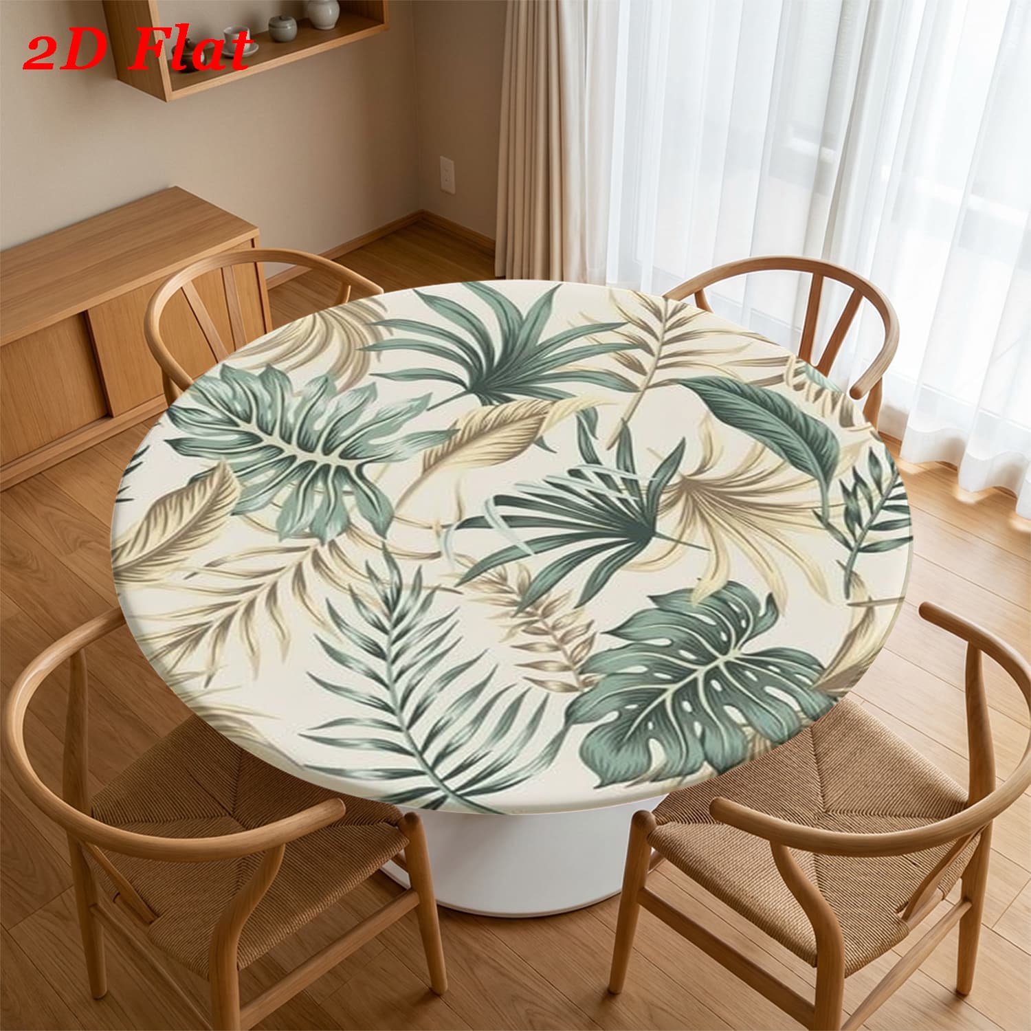 TEMU Digital Printed Pattern Of Tropical Leaves On 2d Flat Elastic Round Tablecloth, Suitable For Dining Tables, Removable And Reusable, Ideal For