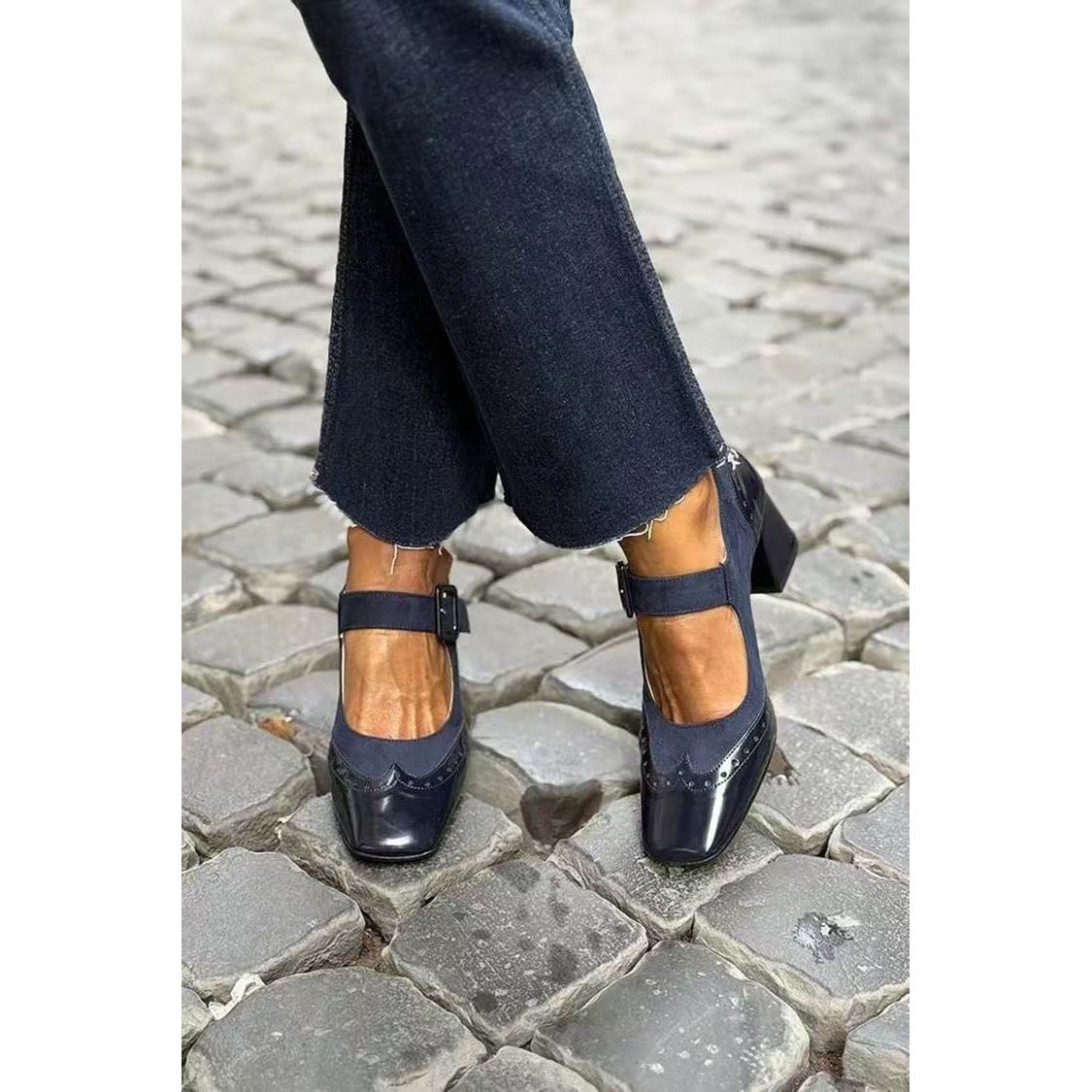 Vintage Square Toe Chunky Heel Flats Brogue Style Women's Versatile Comfortable Style, Women Shoes