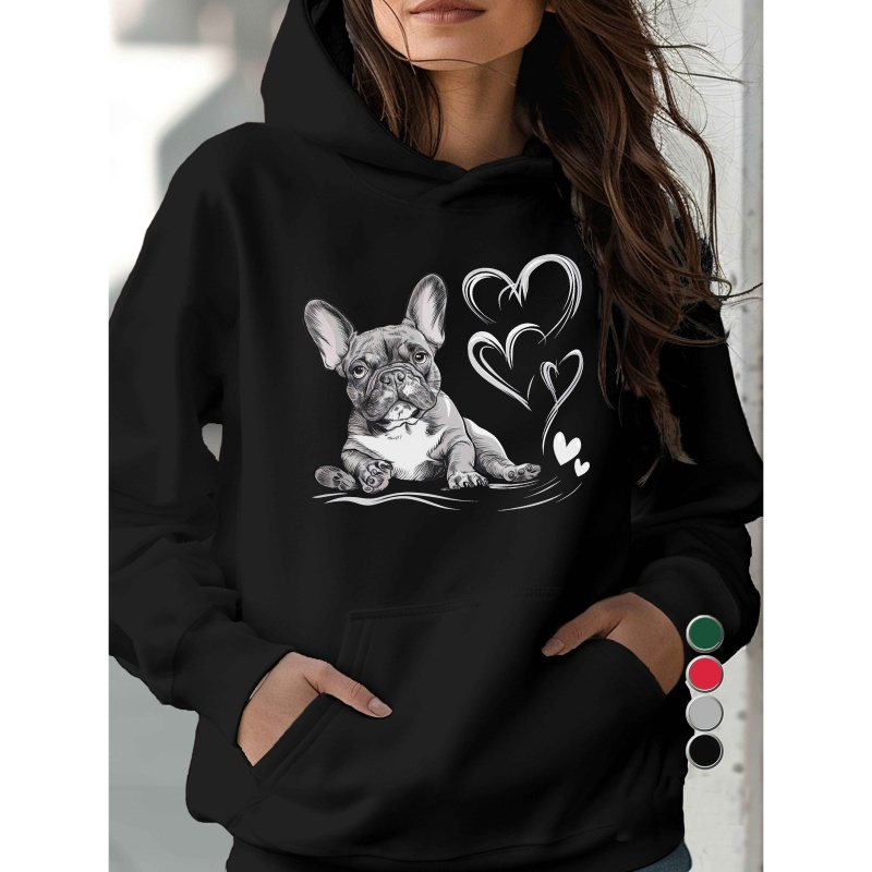 

Women's Casual Hoodie With Cute French Bulldog & , 100% Polyester Knit Fabric, Geometric Pattern, Fall/winter Season, Hooded Collar, Pockets, 250gsm - Black