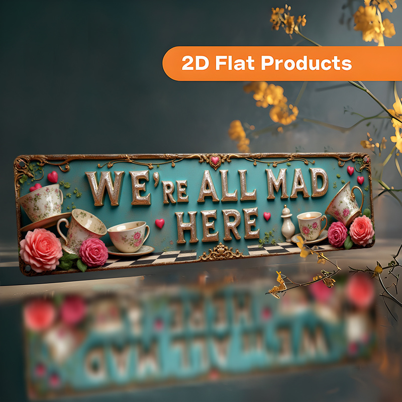 TEMU 2d Flat - {retro Long Aluminum Hanging Plaque}[unique Gift Idea] 2d Flat - 2d Retro Aluminum Wall Art " All Mad Here" Teacup , Pre-drilled Holes