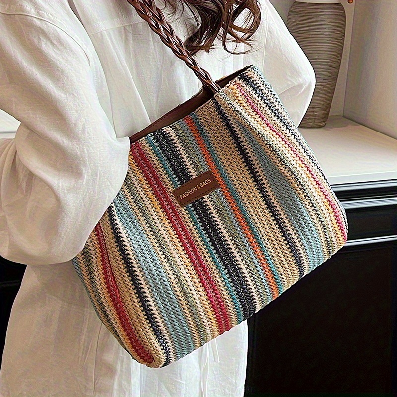 TEMU 2025 New Summer Beach Vacation Straw Woven Bag, Women's Commuter Shoulder Bag, Large Capacity Cradle Bag