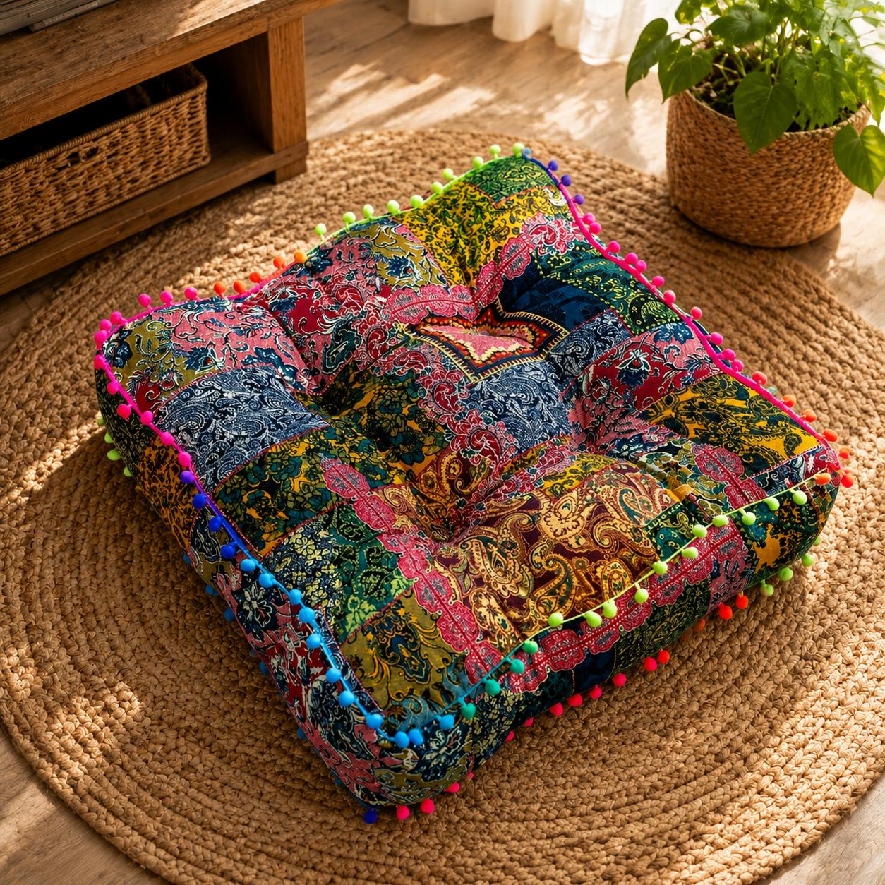 TEMU Coussin Carré Épais de Style Bohème avec Décorations de Boules, Polyvalent, Adapté à Toutes , Fabriqué en Tissu Respirant, et Épais, Idéal pour