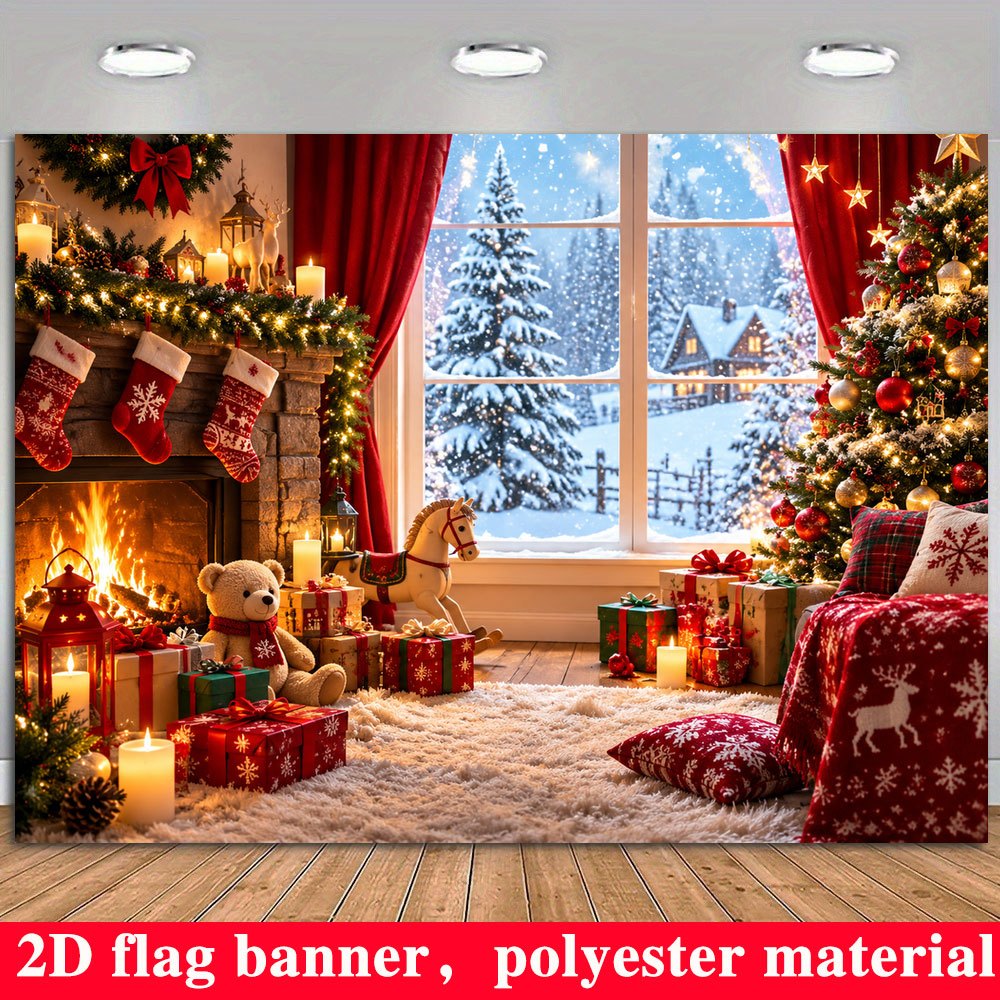 TEMU 1pc Drapeau 2D - Bannière Plate 2D, Toile de Fond Plate 2D sur le Thème des Fêtes d'Hiver en Neige, avec des Éléments une Cheminée, un Sapin de