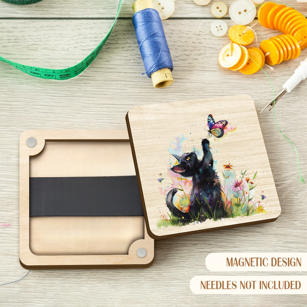 TEMU Square Magnetic Wooden Sewing Needle Box, With Watercolor Cat, , And Flower Designs, Vintage Floral Sewing Machine Print Portable Needle And