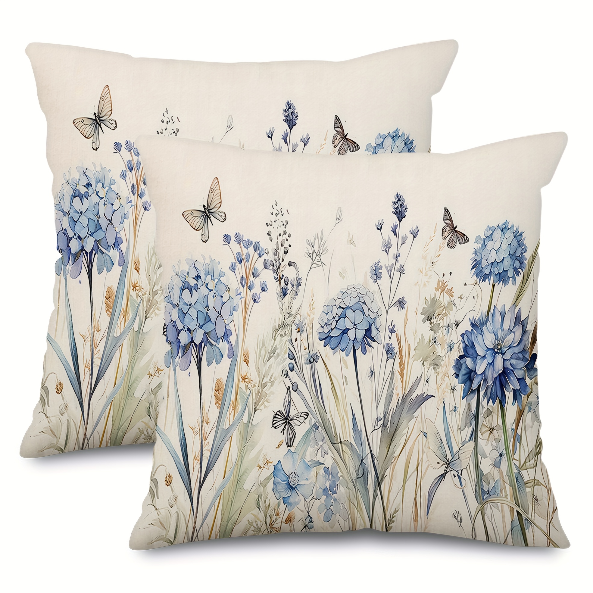 TEMU Ensemble de 2 taies d'oreiller imprimées sur une face, motif floral printemps aquarelle, hortensia bleu et motif papillon de fleurs , taie