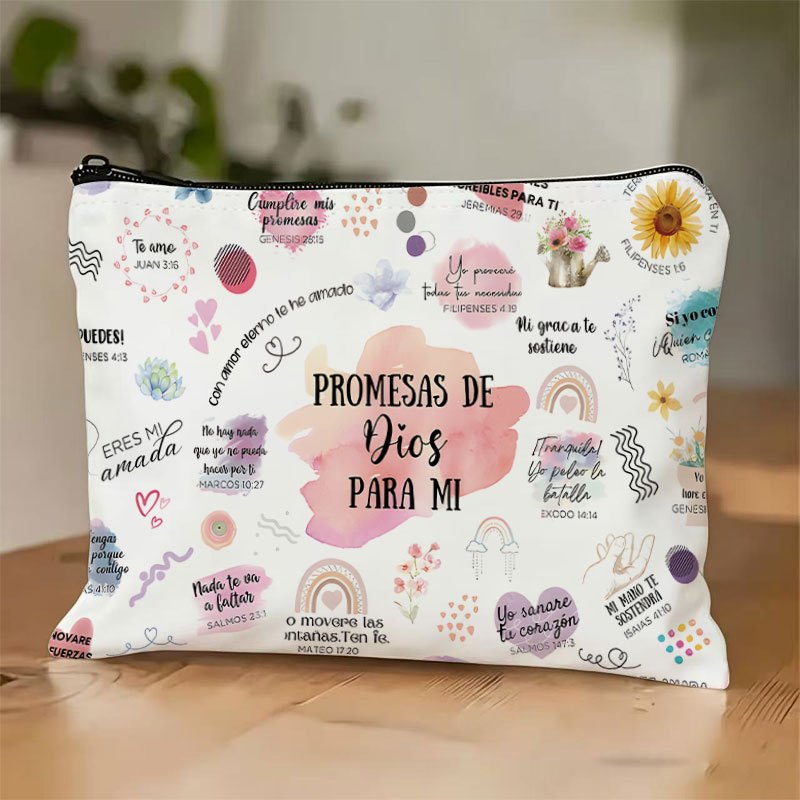TEMU Watercolor Spanish Christian Cosmetic Bag Pastel Promise & Floral Print Portable Makeup Pouch Inspirational Boho Cosmetic Pouch Zipper Bag For