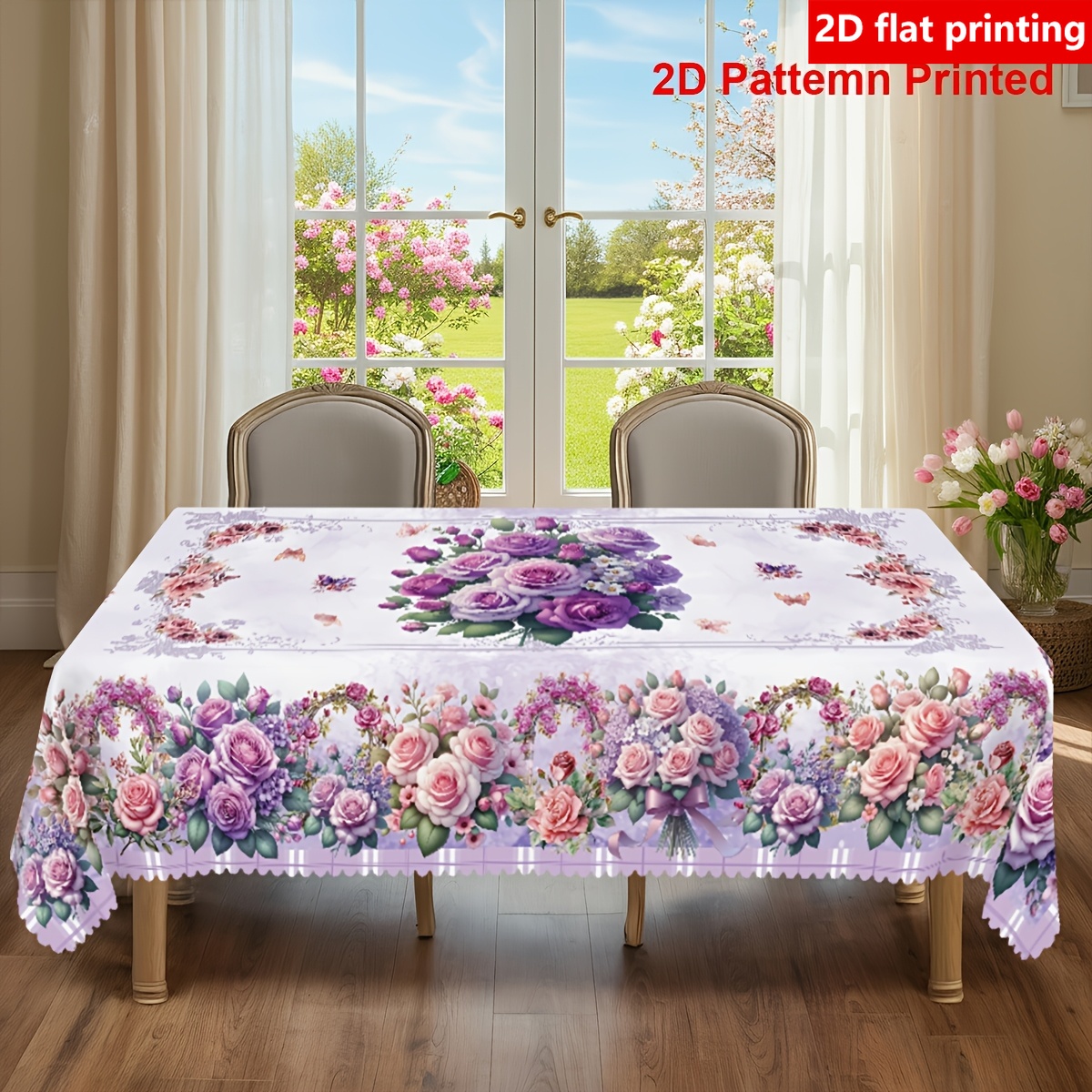 TEMU 2d Flat Printing, 1pc, Spring Summer Theme Party Tablecloth, Durable Polyester Printed Tablecloth, Rose Floral Print Design, Rectangular/square
