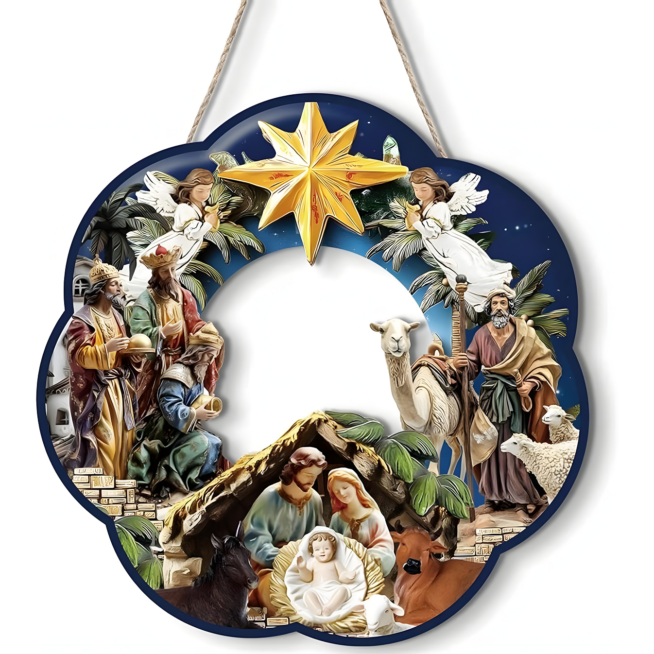 TEMU 2d Flat, Wooden Holy Family Wreath Decoration, Front Door Wreath Sign, Wooden Nativity Scene Wreath, Religious Door Decor, Window Christmas Home