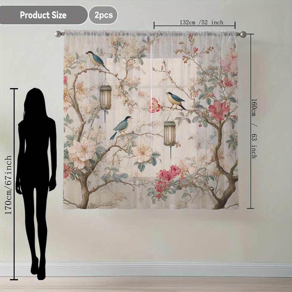 TEMU 2pcs Floral And Bird Print Chinese-style Sheer Curtains With Rod Pocket - Elegant Polyester Window Drapes For Kitchen, Living Room, Balcony,