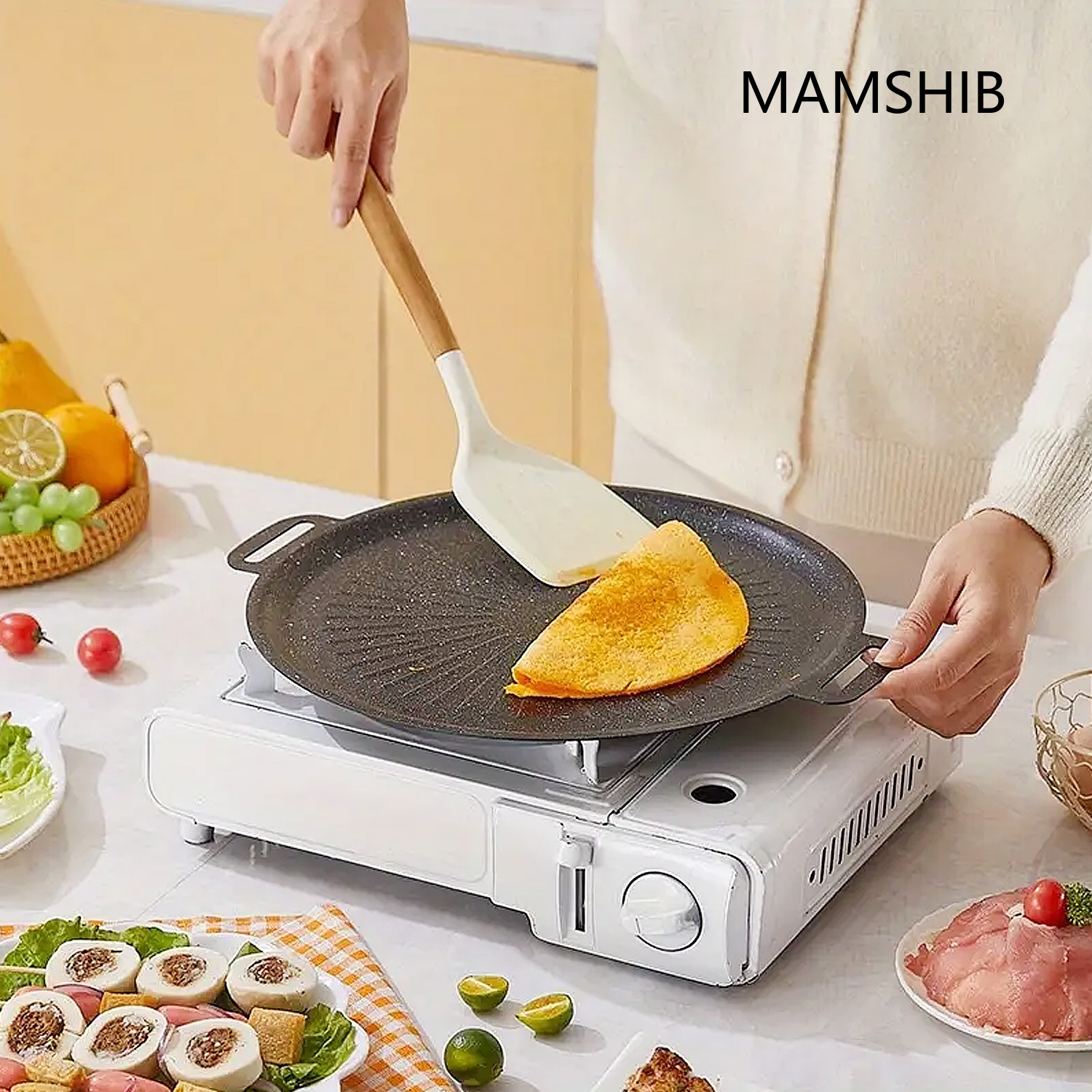 MAMSHIB Non-Stick BBQ Grill Pan - Iron Roast Steak & Vegetable Skillet with Multi-Functional Ridged Surface Design, Perfect for Grilling Shrimp, Chicken, Seafood, and Meat, Ideal for Indoor & Outdoor Cooking, Versatile Cooking Pan | Modern Kitchenware | Durable Cooking Surface, BBQ Grill Accessories