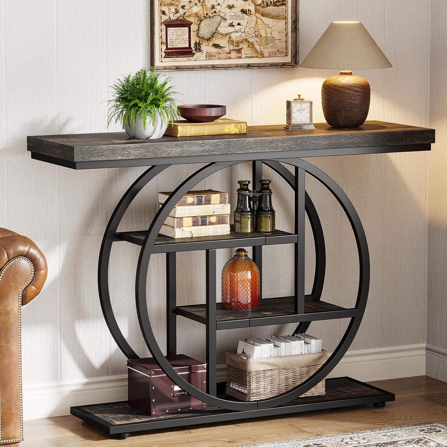 Image of 105cm Console Table, Industrial 4 Tier Sofa Table, Entrance Table With Circular Base, Narrow Wood Accent Tables With Shelves For Living Room, Hallway, Foyer, Black