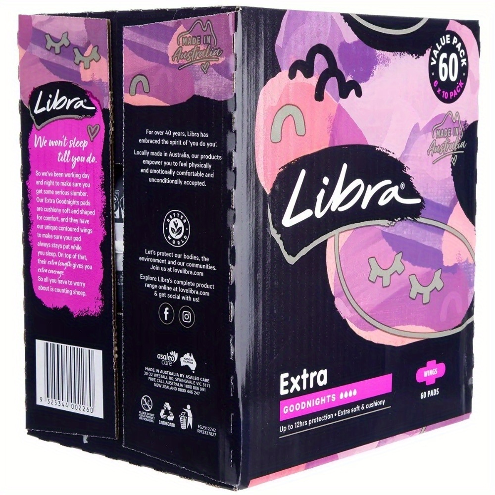 Libra Extra Long Goodnight Pads with Wings 60 Pack - 12-Hour Protection, BodyFit Design & Curved Wings, Ultra Soft & Cushiony for Heavy Flow/Overnight Use, Made in Australia