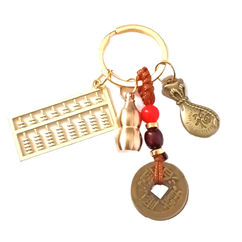 Image of Triple Wealth-attracting Keychain: Chinese-style , Hollow Gourd, Abacus, 5 , Yellow Rope Braided, Symbolizing Financial Success And . Car Hanging Ornament, Blessed Talisman. Gift For , , Or Friend.