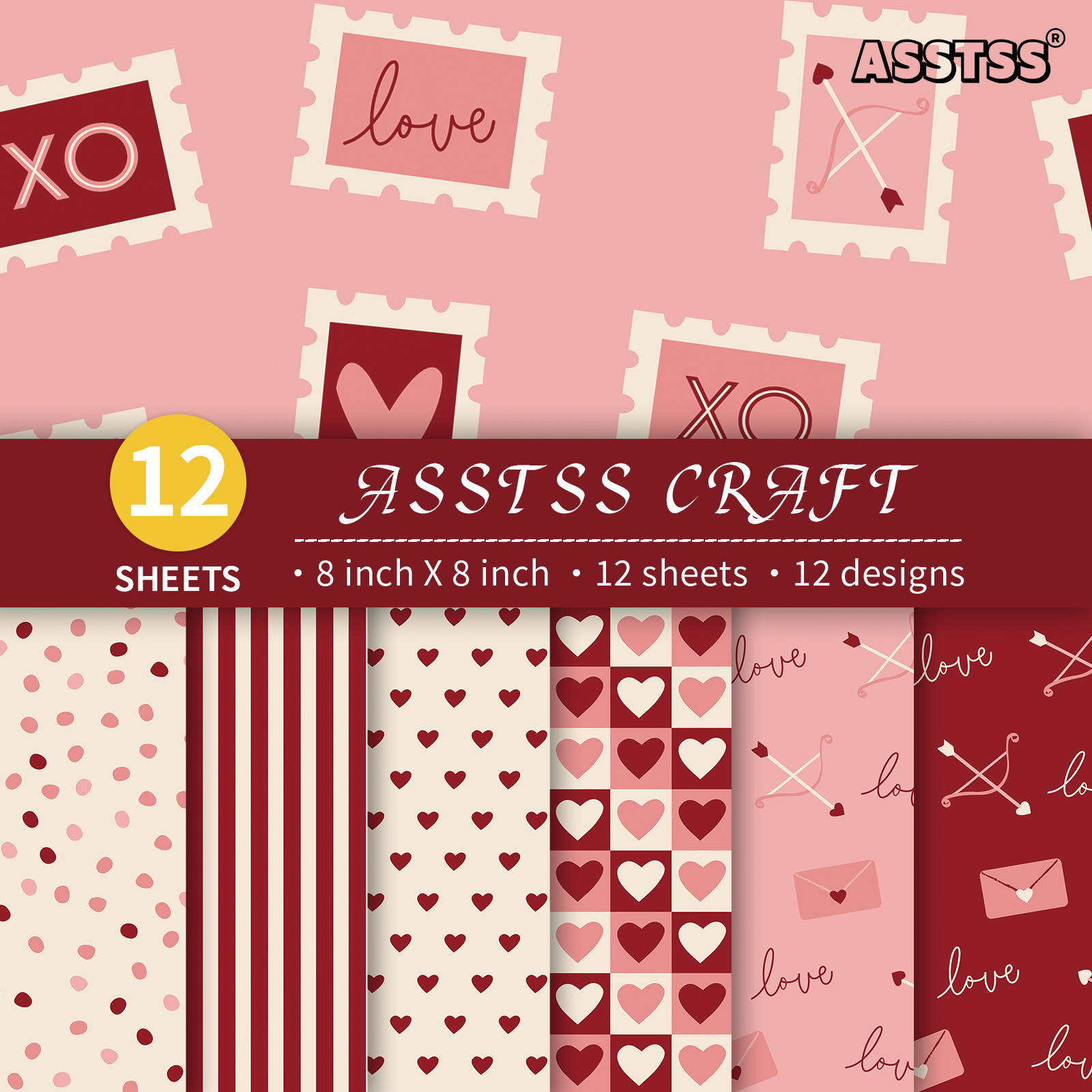 TEMU 12-Vel ASSTSS 8*8-inch Scrapbooking Papierblok, Valentijnsdag Roze- Zoete Stijl Achtergrondpapier Benodigdheden, Karton voor Journaling, Collage
