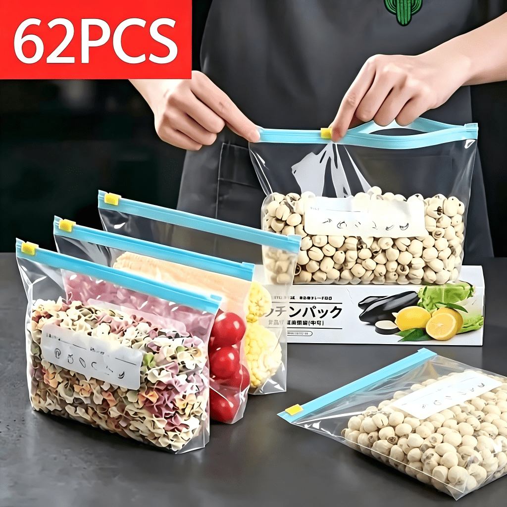 TEMU PEEJAA 62 pezzi Sacchetti per Alimenti con (3 Misure) - Sacchetti Multiuso per la Conservazione e la Classificazione degli Alimenti & Sacchetti