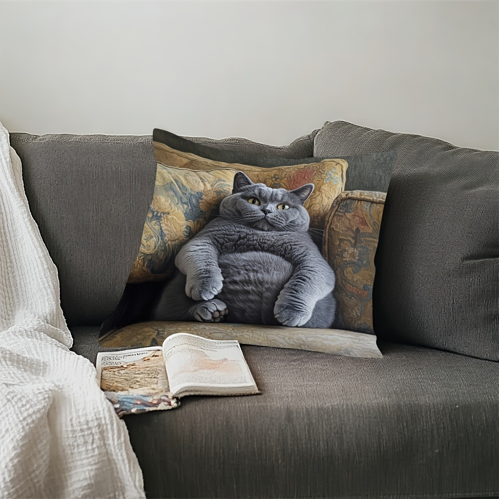 1pc british shorthair cat cushion cover gray dual sided printed pillow case with zipper closure soft decorative pillowcase for sofa living room bedroom   home decor gift vintage aesthetic   fabric interior design fans Product details 4