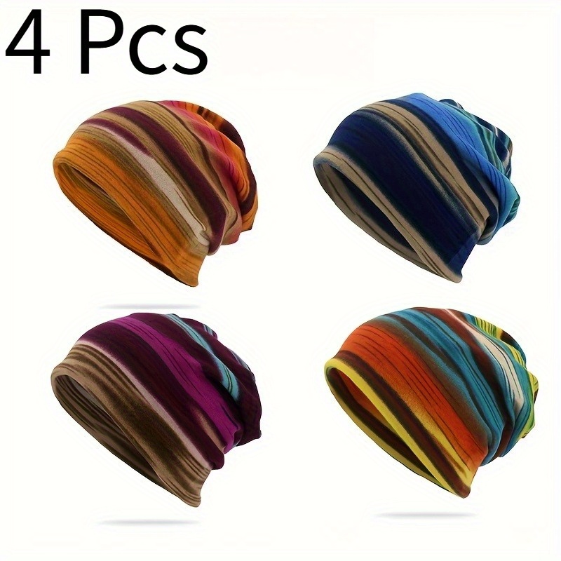 TEMU 4pcs Striped Hats - Unisex Casual Beanie, Suitable For Outdoor Activities And Travel - Hand Washable, Christmas Gift For Family
