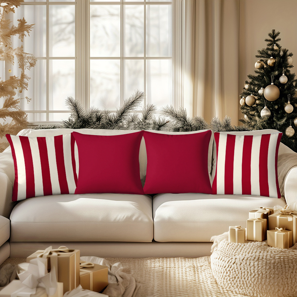 TEMU 4pcs Red And White Vertical Stripe Print Pillowcase Set, Minimalist Vintage Style Home Decor Cushion Covers With Zipper Closure, Single-sided