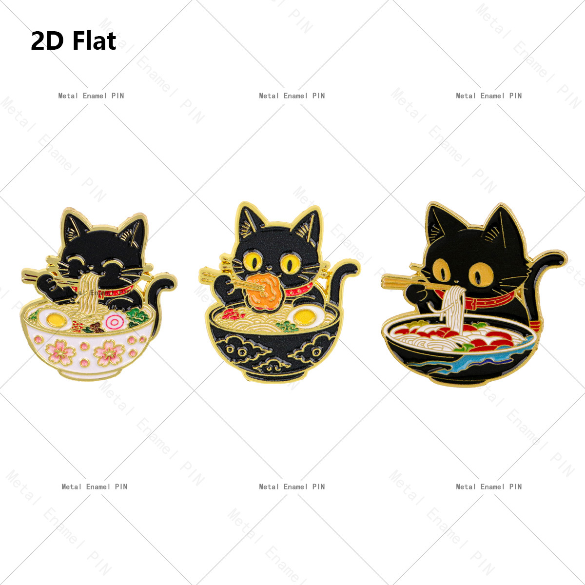 TEMU 2d Flat, 2d Flat 3pcs Japanese- Style Ramen Black Cat Enamel Lapel Pins Unisex Brooch Badges Fashion Accessories For Backpack Clothing Gifts, 2d