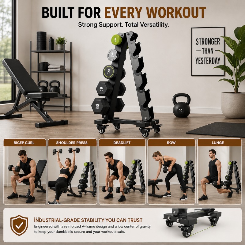 Image of Heavy Duty Rolling Dumbbell Rack, 500kg Capacity Adjustable Weight Storage Rack With Wheels, Space-saving Home Gym Organizer With Storage Shelf, Anti-slip Safety Design, 2 Sizes .