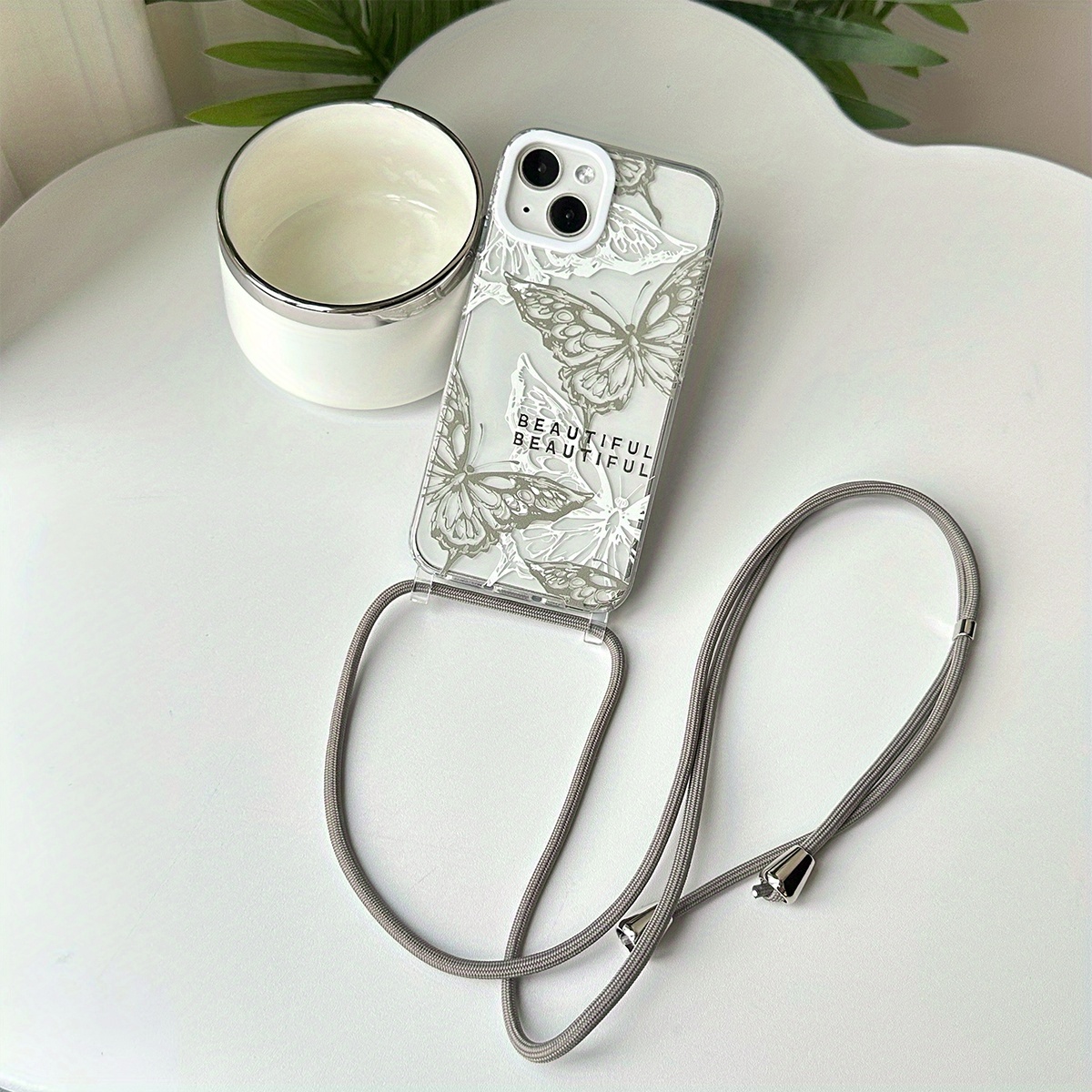 TEMU Phone Case - 1 Hollow Gray And White English Transparent Lanyard Phone Case With Raised Lens Ring Protection, Built-in Lanyard Hole, Tpu Soft