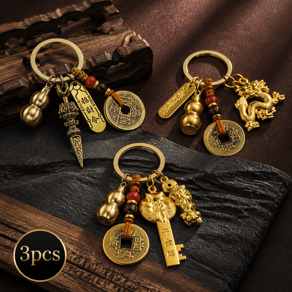 TEMU Lot de 3 porte-clés , porte-clés « L'argent », dragon doré , Pi Xiu ouvrant , et breloque de téléphone talisman , pendentif gourde de avec pièce