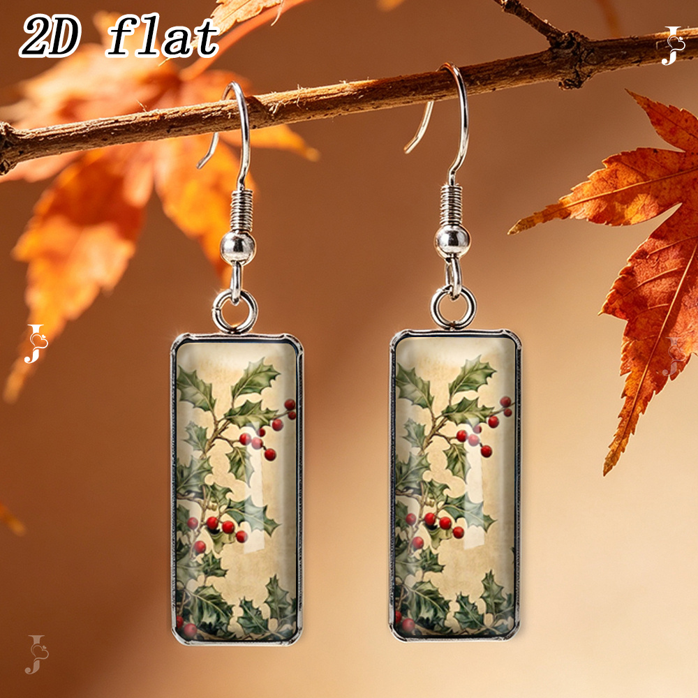 TEMU 1 Pair Rectangular Earrings With Vintage Berry Pattern, Glass Dangle Handmade Jewelry Gift, 2d Flat Printed Glass Pattern, Stainless Steel