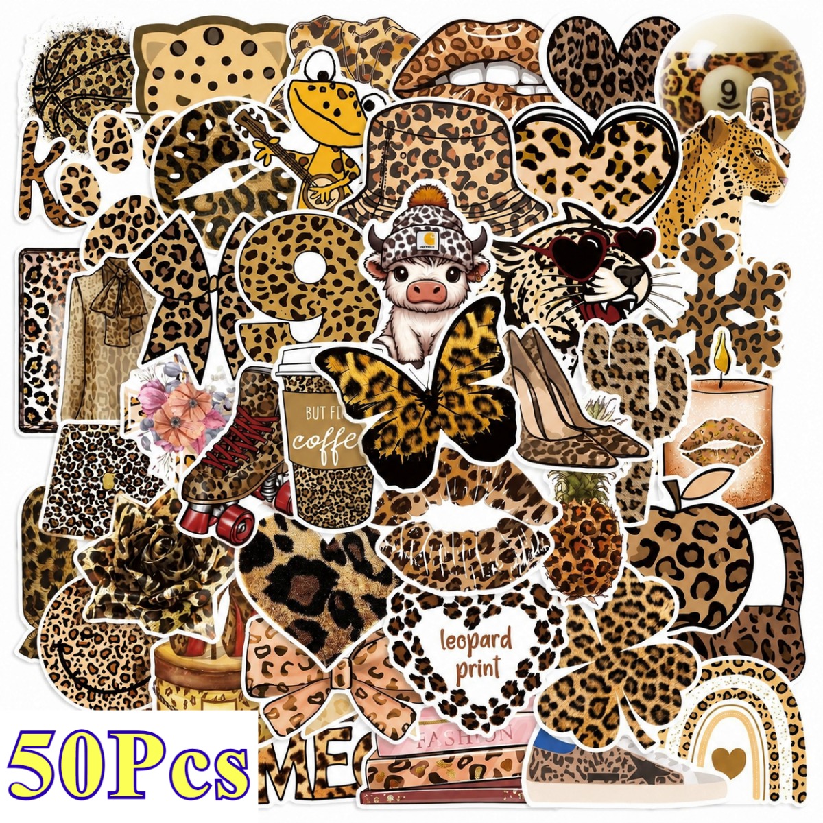 TEMU 50pcs Vintage Cartoon Leopard Print Aesthetic Decorative Stickers, Planner Accessories, Office Products, Back To School Supplies, Diy Decor For
