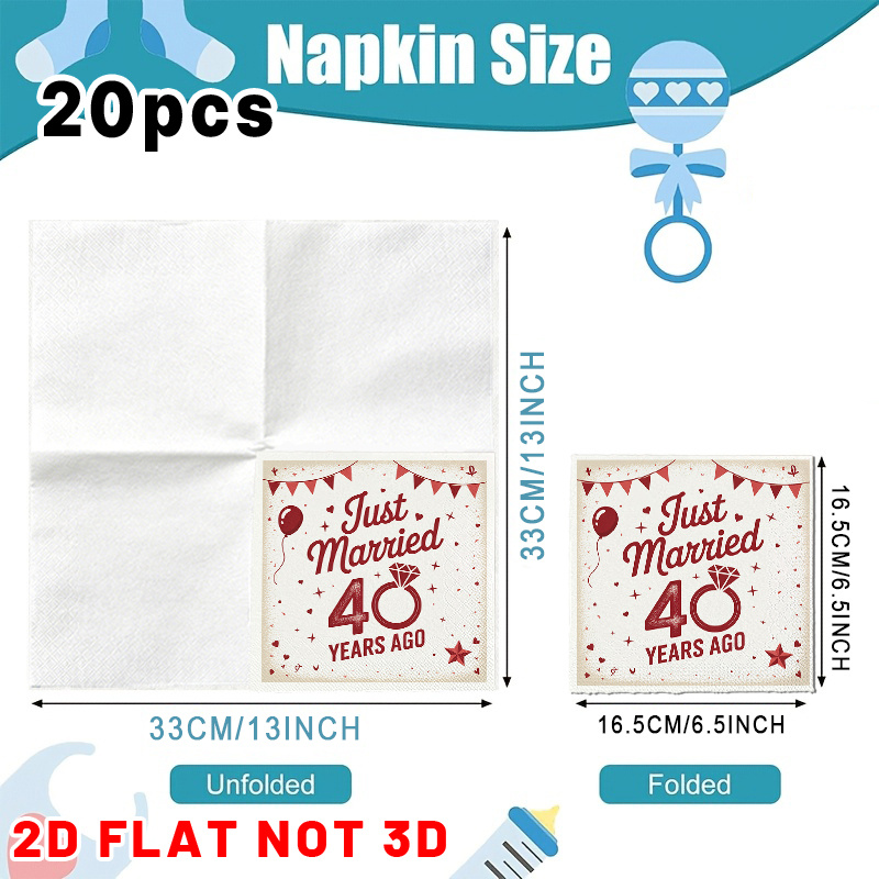 TEMU 20pcs Ysw Suitable For Wedding & Anniversary Tissue Paper Hand Towels - Vintage Red Just Married Ago Print, Decorative Guest Serviettes For 40th