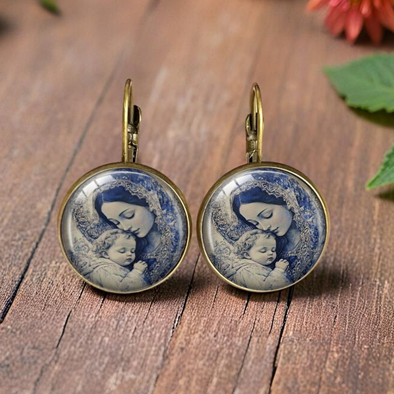 TEMU Boucles d'oreilles rondes en verre illustrées de style en porcelaine bleue et blanche, bijoux de mode, cadeau, pile