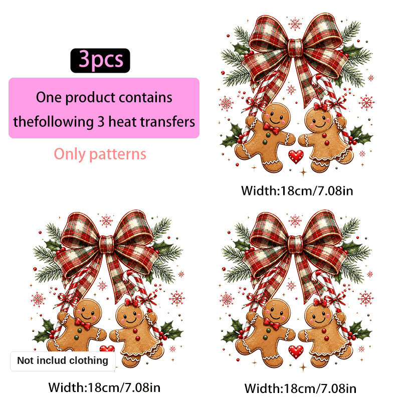 TEMU 3pcs, Stickers de Transfert Thermique pour Vêtements, 2D Plat, Thermocollants, Décoration de Fond de Père Noël Pain d'Épices Tenant avec Nœud