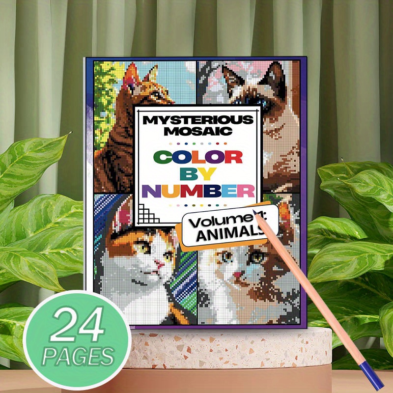24 Sheets Pet Cat Puzzle: Mosaic Book - Adult Relaxation And Whimsical Coloring Book - Squares, Diamonds, Polka Dots Color By Number