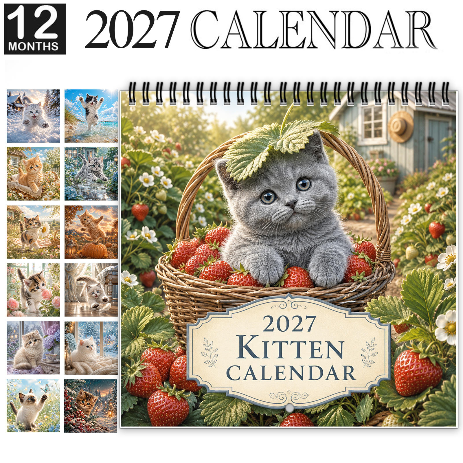 TEMU 1pc 2027 Kitten Wall Calendar, Spiral-bound 12-month Calendar With Thick Coated Paper, Featuring Adorable Kittens In Flower Gardens, Strawberry