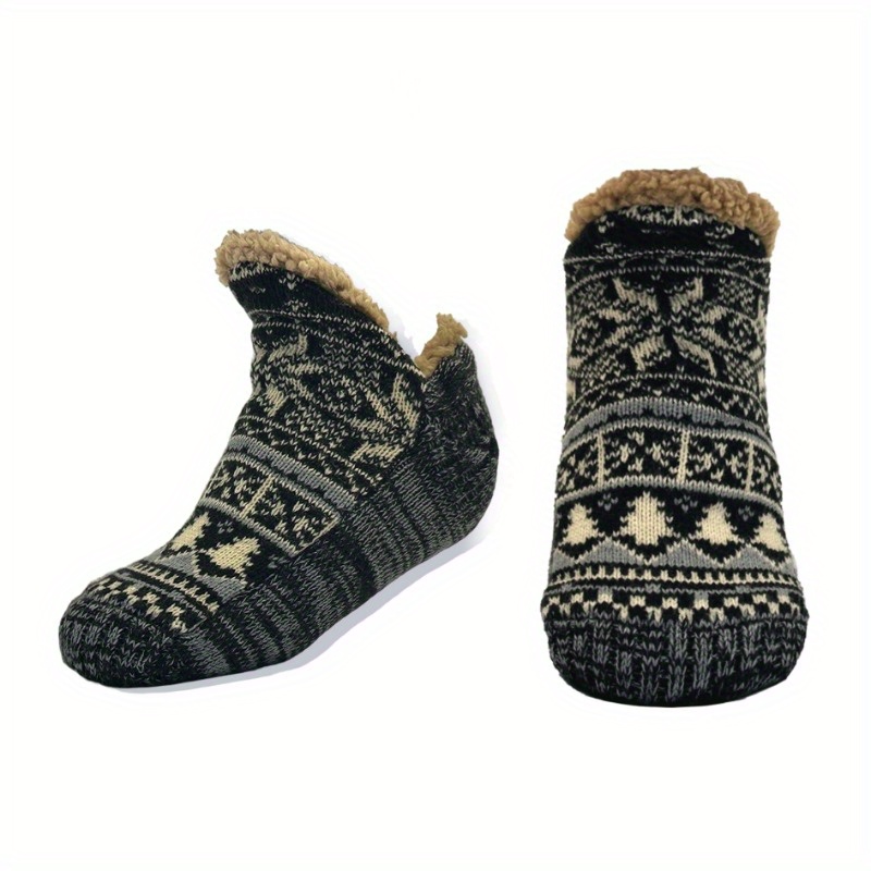 Image of 1 Pair Of Sherpa Fluffy Bed Slippers, Men's Warm Socks, Comfortable Fluffy , , Non-slip Socks, Floor Socks, Universal Women's Style - Khaki, Black - 2 Colors
