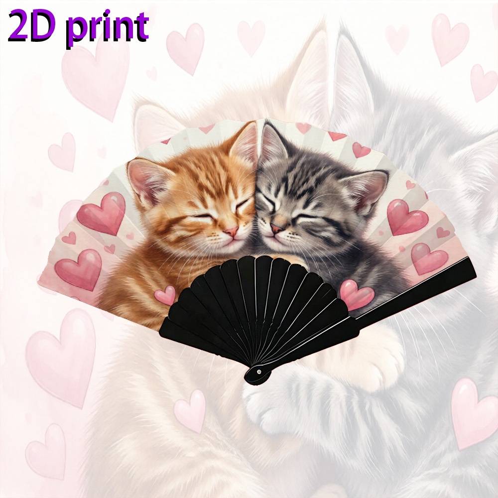 TEMU Handheld Folding Fan For Men And Women, Cuddling Kittens With Hearts - Perfect For , Photoshoots, Travel, Weddings, Parties, And Cosplay