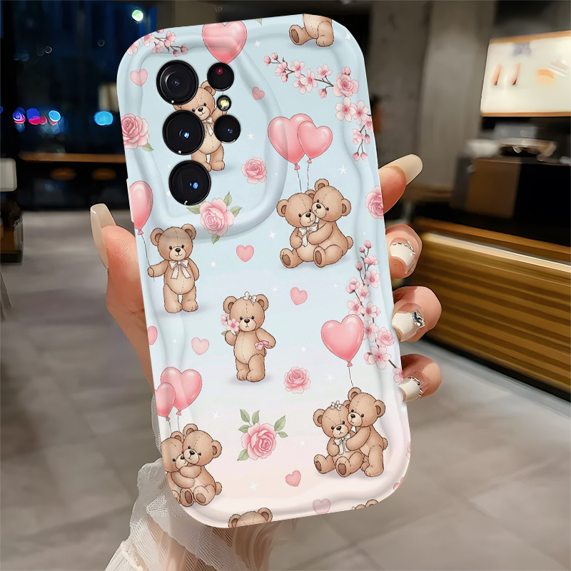 TEMU Phone Case: Cute Teddy Bear Phone Case With Pink Balloons And Flowers, 2d Flat Design, Great Value Phone Case For Galaxy