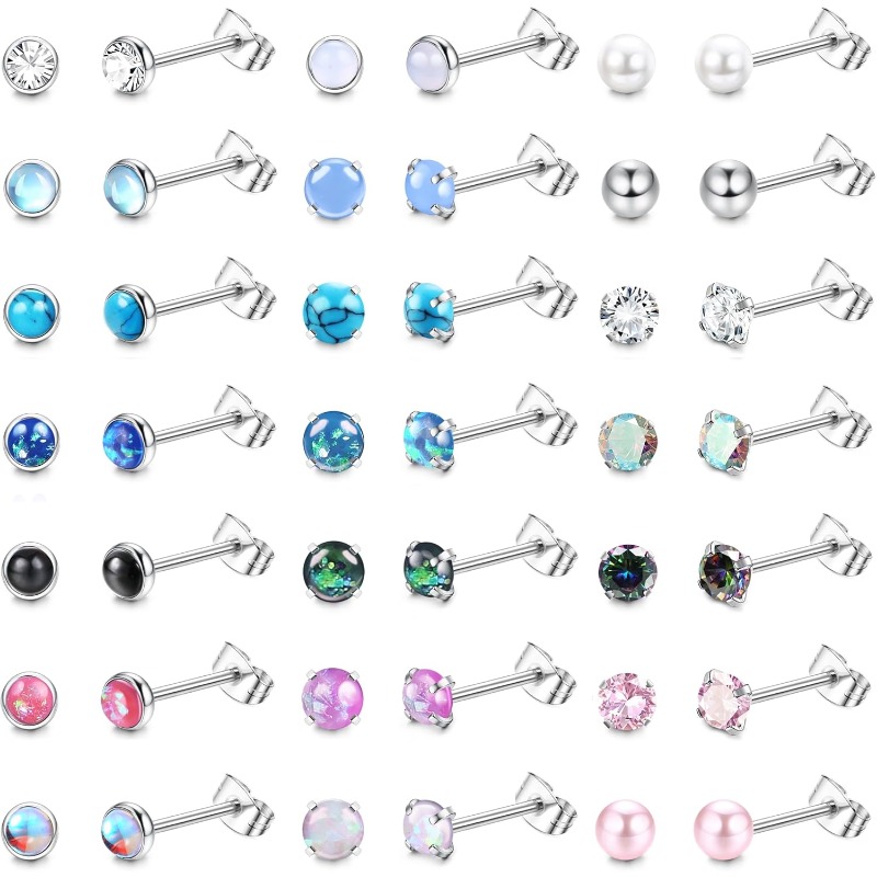 Image of 21 Pairs Hypoallergenic Surgical Steel Stud Earrings For Women Men Tiny Small Cz Opal Turquoise Earrings Studs Set Piercing Jewelry